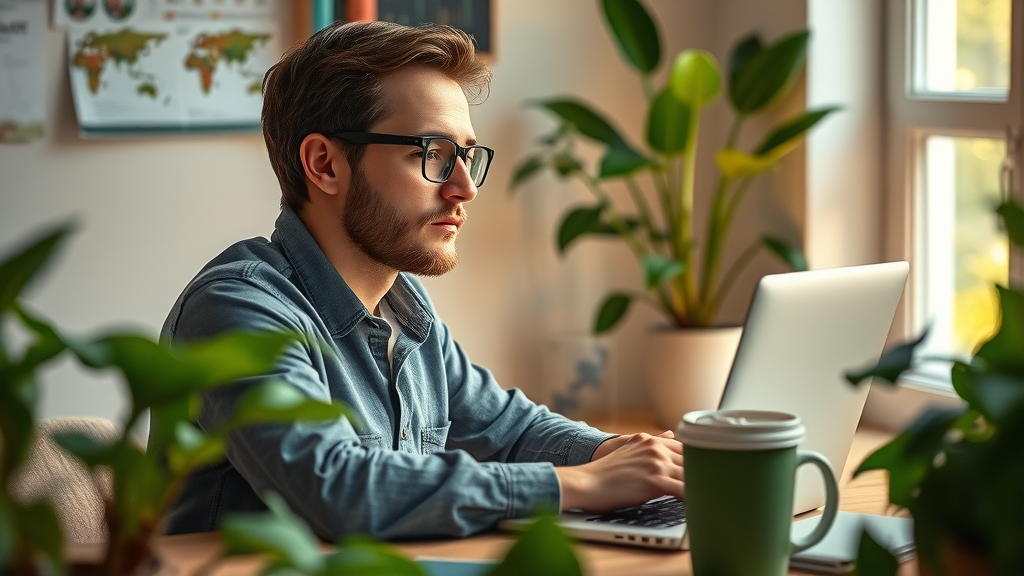 Thoughtful traveler researching hydrogen water bottles on laptop