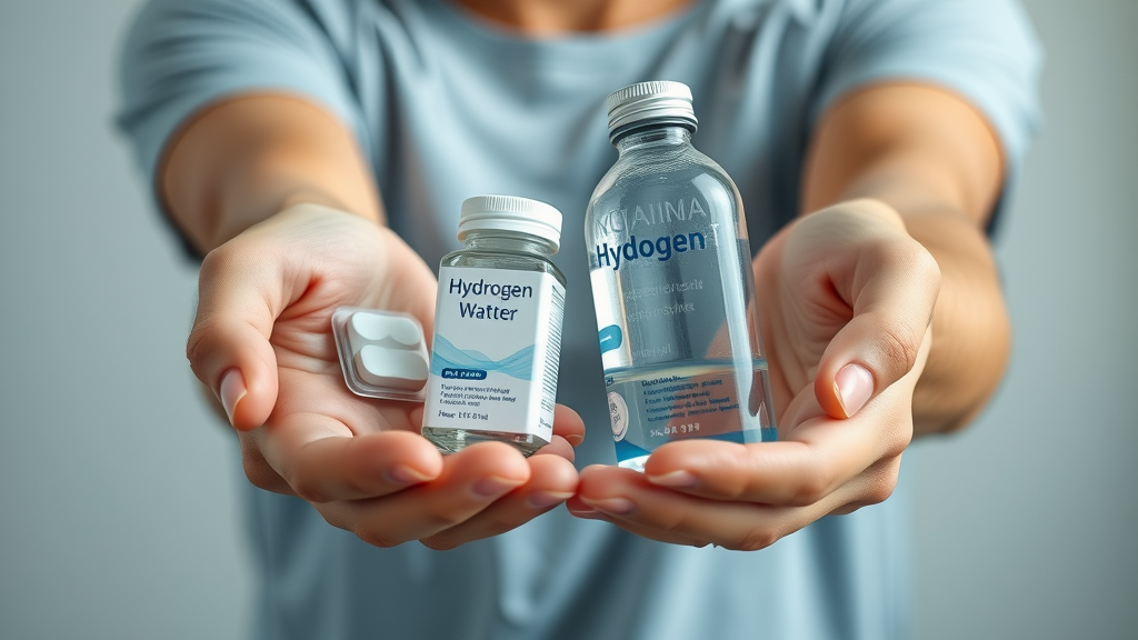 hands holding hydrogen water tablet and hydrogen water bottle for comparison