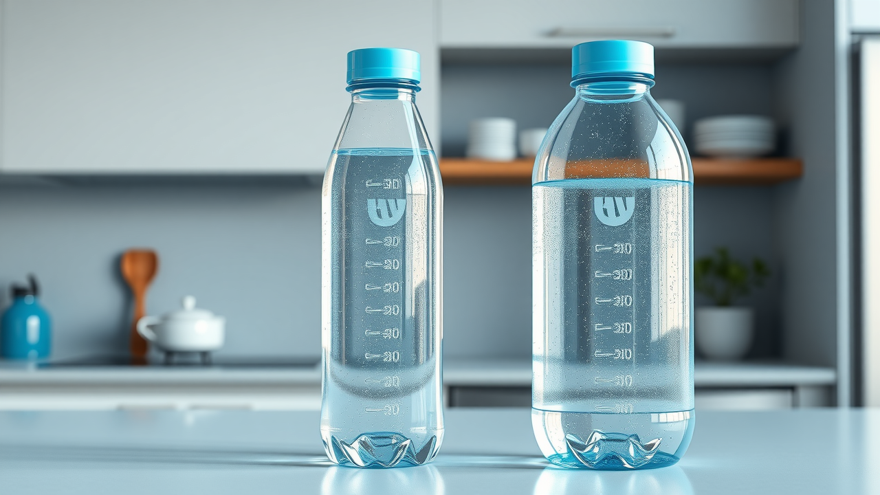 Modern glass and plastic hydrogen water bottles side by side for comparison, highlighting glass vs plastic hydrogen water bottle differences on a clean counter