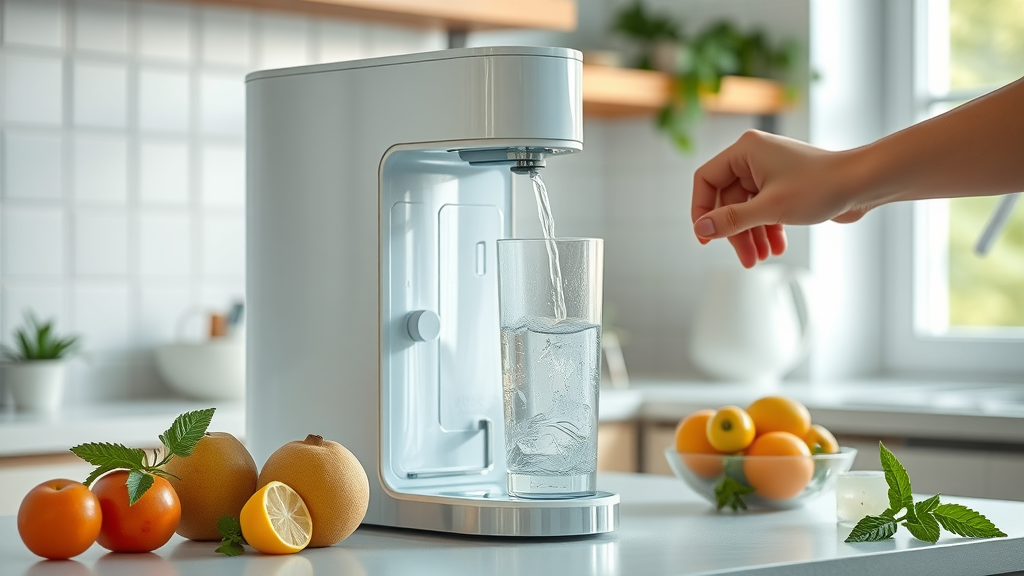 Hydrogen water machine pouring fresh hydrogen-rich water into a glass, photorealistic kitchen scene with healthy props