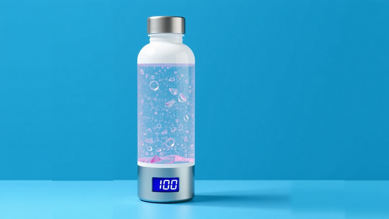 Futuristic closeup of hydrogen water generator inside bottle showing technology details