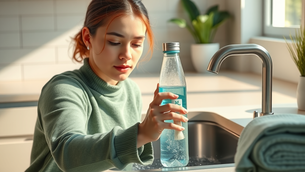 Active user practices proper care by cleaning a hydrogen water bottle with a soft brush in a sunlit kitchen