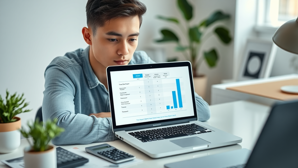 Modern workspace with a laptop displaying a feature and cost comparison for hydrogen water devices. Portable vs home hydrogen water financial planning context.