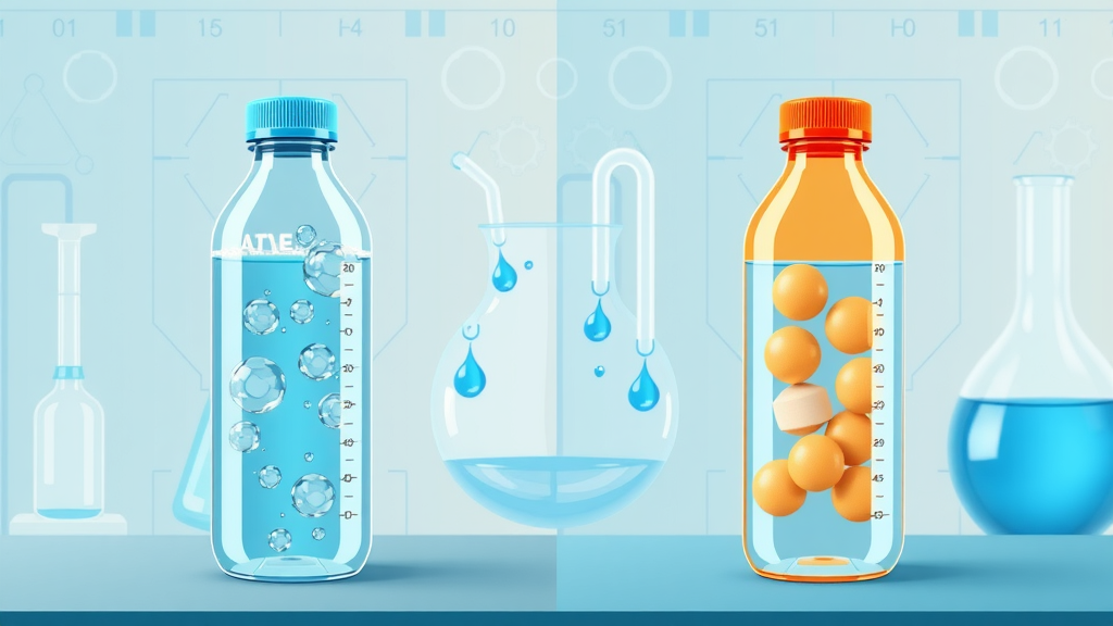 Split view: electrolysis process on left, tablet dissolving on right, both generating hydrogen bubbles in water bottles