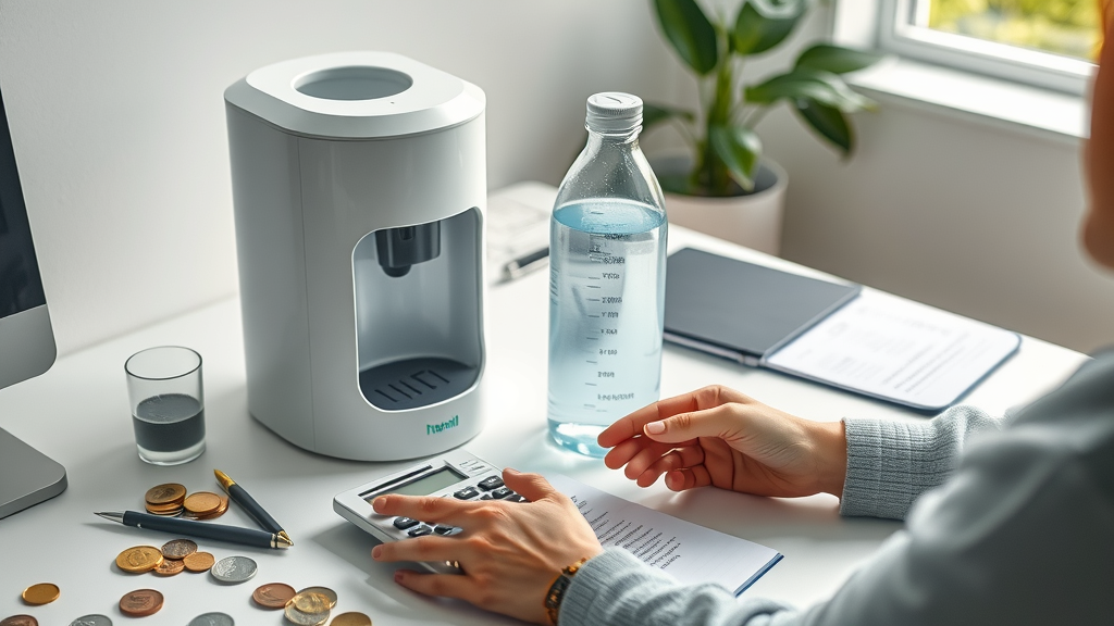 hydrogen water machine vs bottle cost calculator, hands with calculator, desk scene, modern workspace
