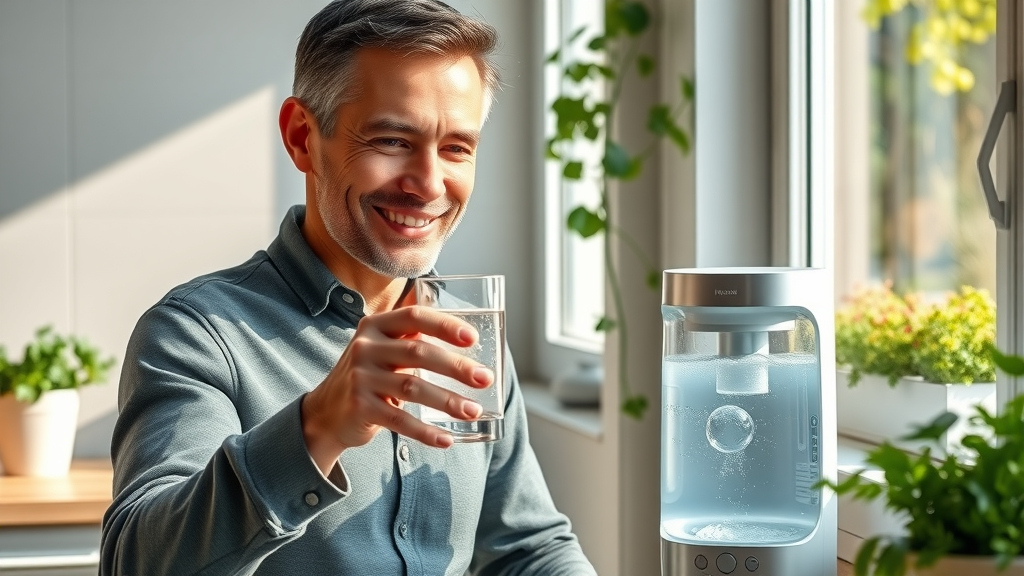 Contemporary home kitchen with hydrogen water machine and sparkling pitcher on counter. Person filling a glass, highlighting benefits of high-capacity, rich water devices.