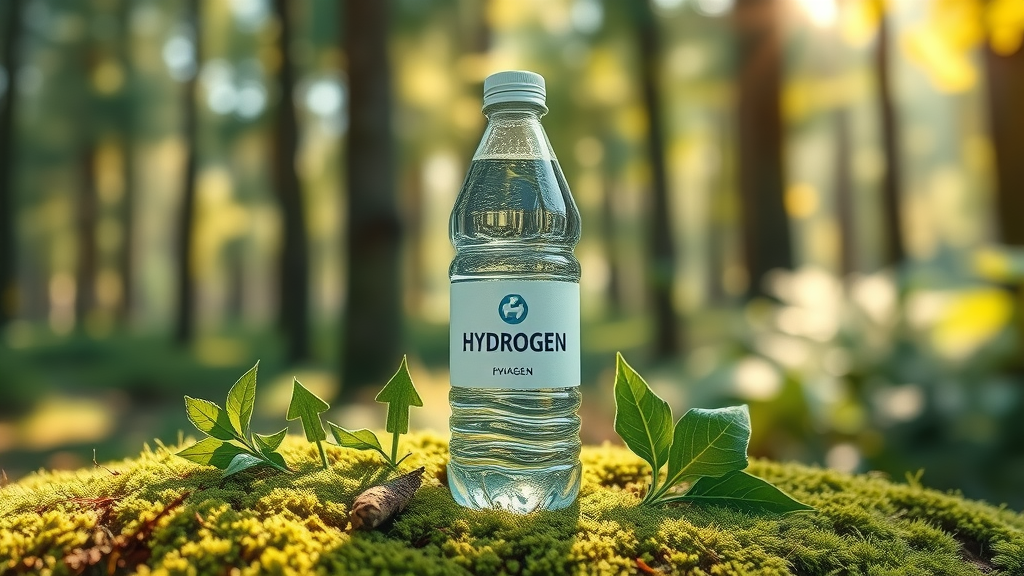 eco-friendly hydrogen water bottle with green leaves and recycling symbol