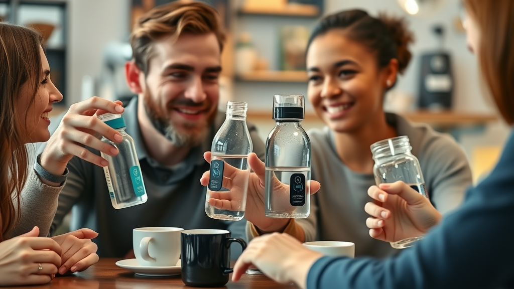 Friends sharing real experiences with hydrogen water devices at a cozy café, one using a portable bottle and the other a home pitcher. Genuine, animated discussion.