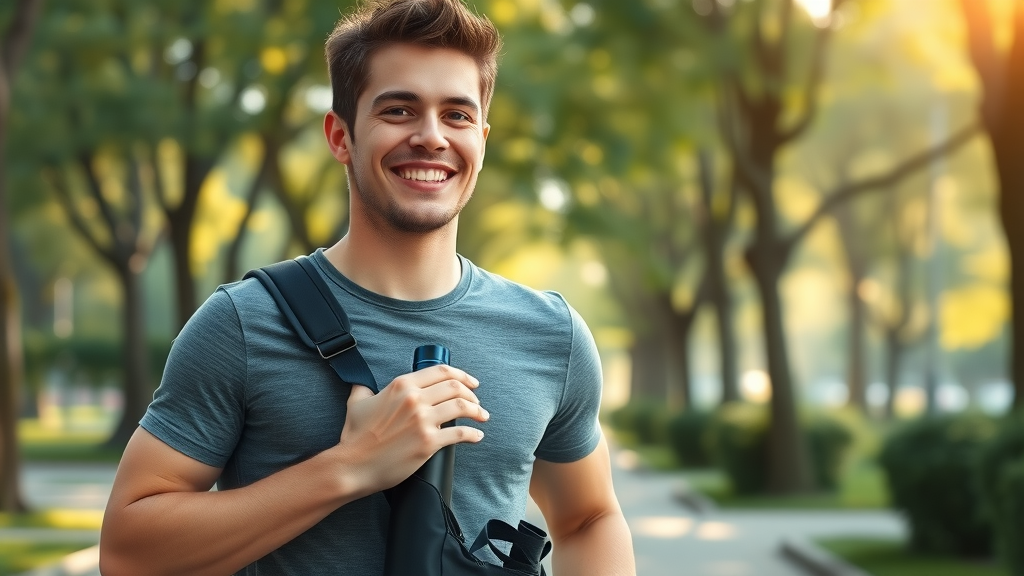 Young professional carrying a compact hydrogen water bottle for portability in an urban park