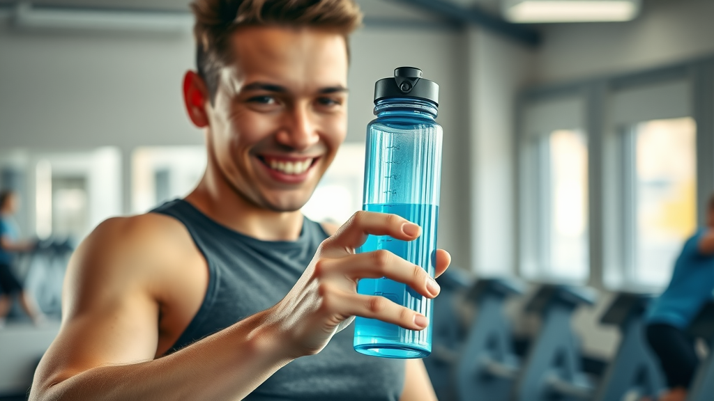 Portable hydrogen water bottle held by a gym-goer, ready for post-exercise hydration, realistic fitness setting