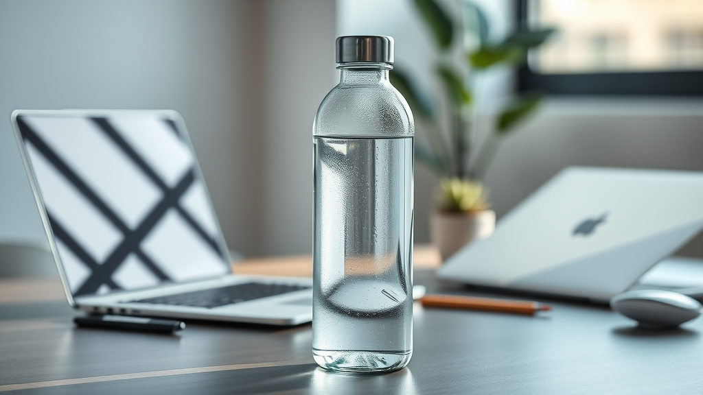 Sleek glass hydrogen water bottle with stainless steel accents on a modern desk, showing longevity and style for glass hydrogen water bottle users