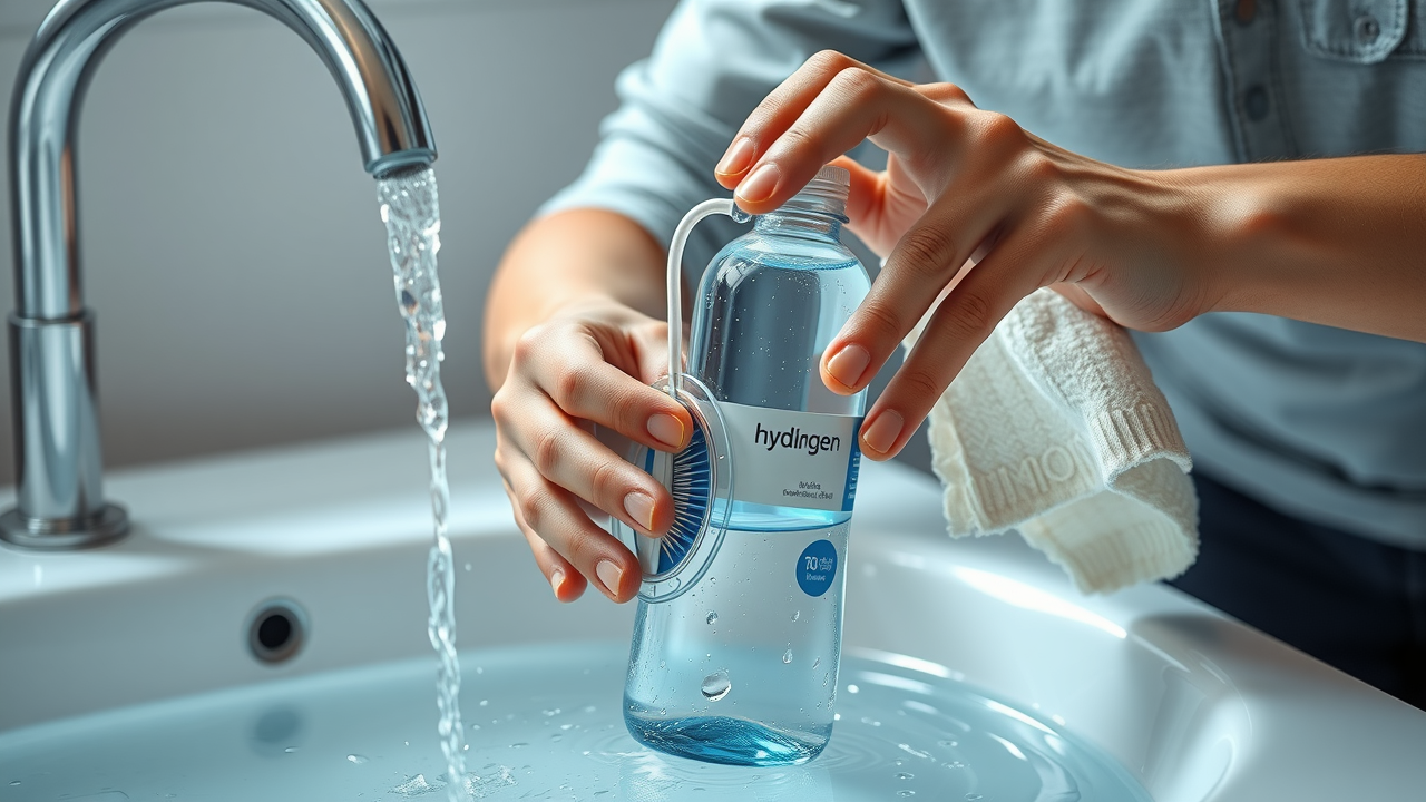 User carefully cleaning hydrogen water bottle at sink using brush and cloth, bright and clean modern setting