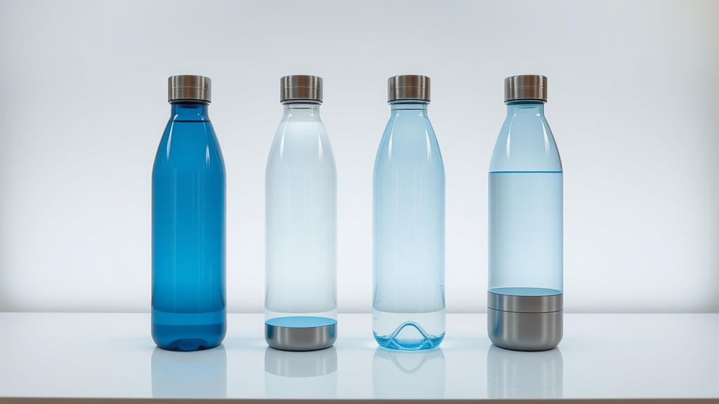 The four best hydrogen water bottles 2025 in a row, modern elegant design, blue glow studio lighting