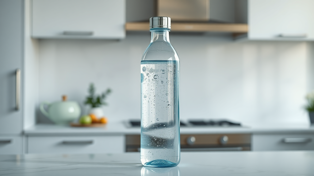 sleek best hydrogen water bottle on modern kitchen countertop with glistening electrolyzed water, silver and blue tones, diffused natural lighting