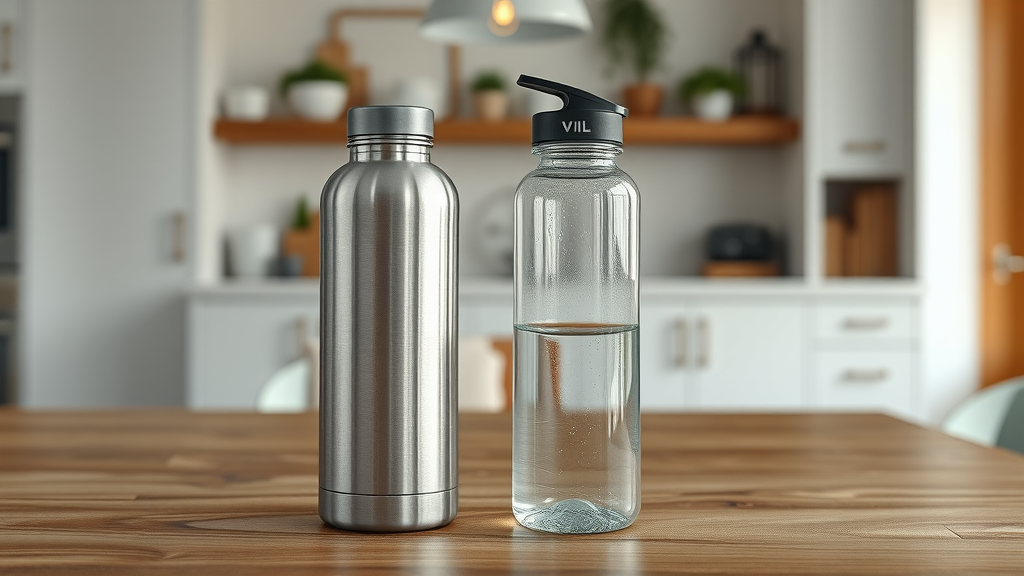 hydrogen water bottle durability test - Two bottles on wooden table, premium stainless steel and BPA-free plastic finishes, condensation, gentle reflections, neutral pastel palette, overhead kitchen lighting, 70mm lens