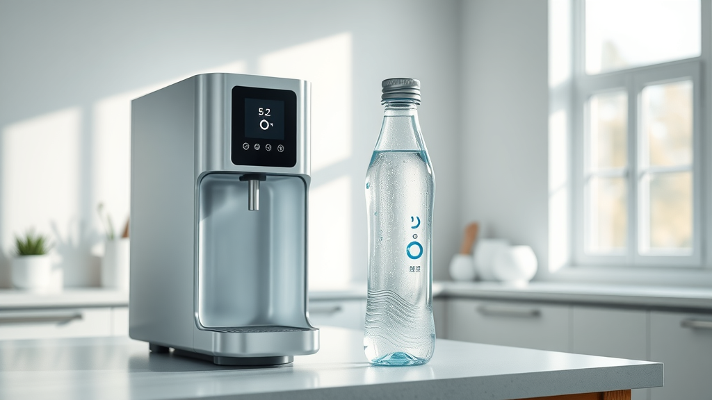 hydrogen water machine vs bottle comparison in a modern kitchen, fresh and neutral tones, both products side by side on a countertop