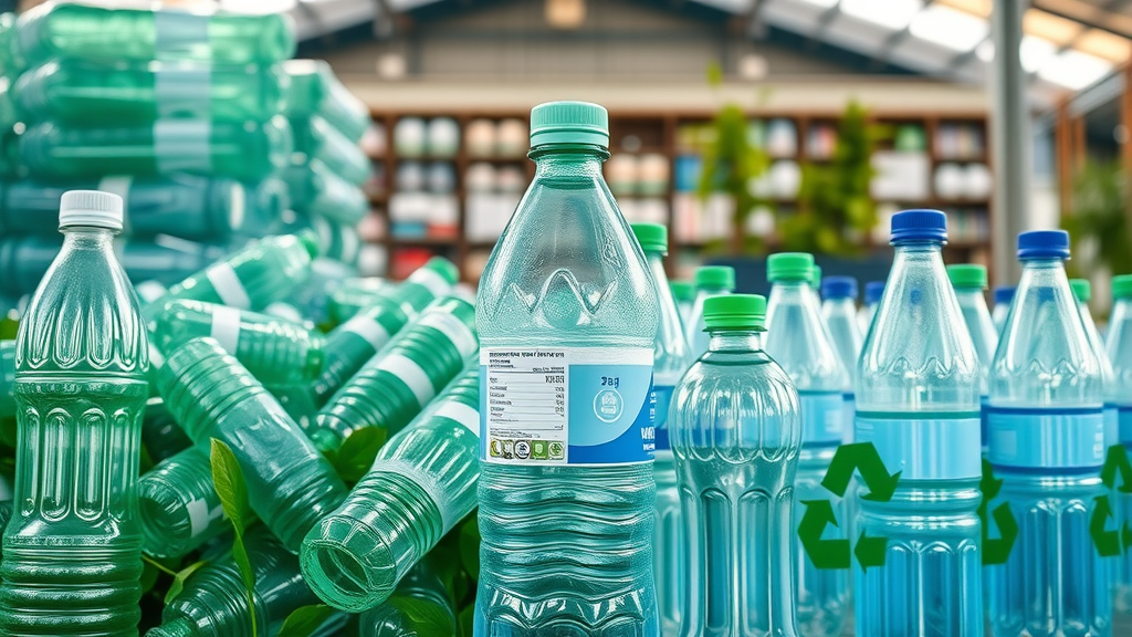 Recyclable glass and single-use plastic water bottles at a recycling facility, showcasing the sustainability comparison