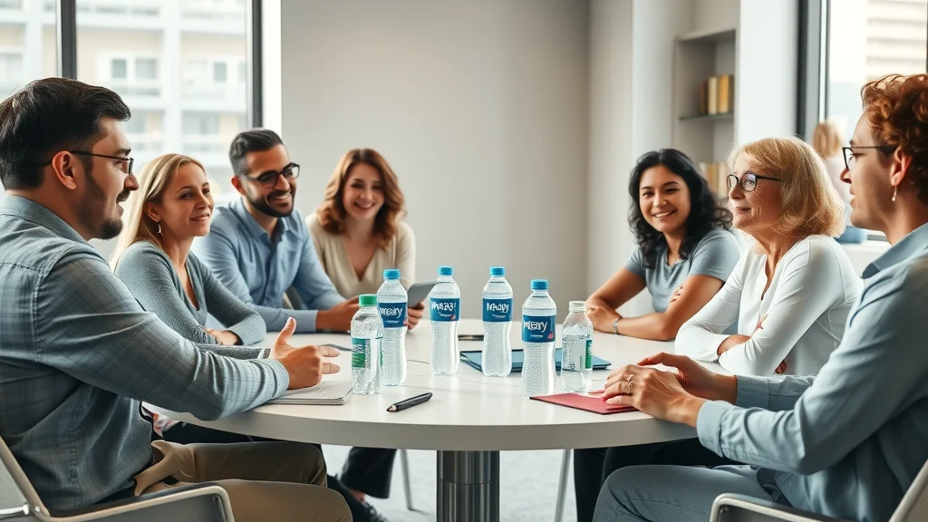 Group of diverse health and sports experts discussing hydrogen water and electrolyte drinks around a bright table, photorealistic, modern conference room