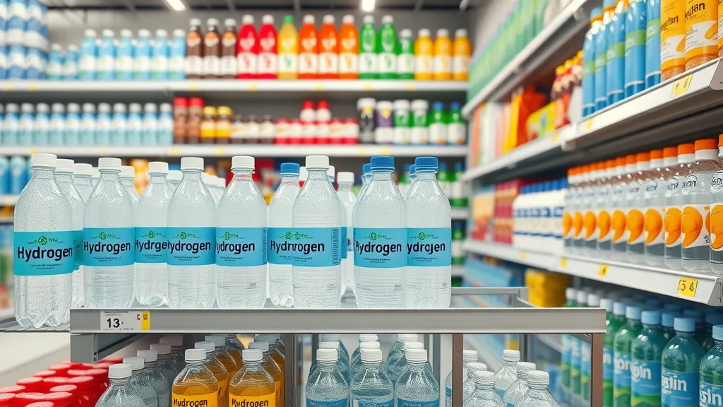 Organized display of hydrogen water bottles and electrolyte drinks on store shelves, photorealistic, modern grocery aisle