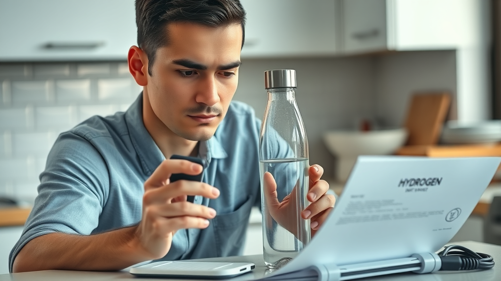 Person troubleshooting a premium hydrogen water bottle with error display
