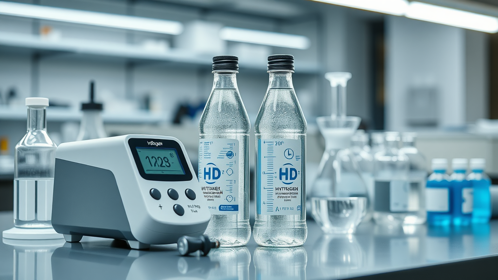 Hydrogen water bottles with digital meter, science lab setup, analytical still life