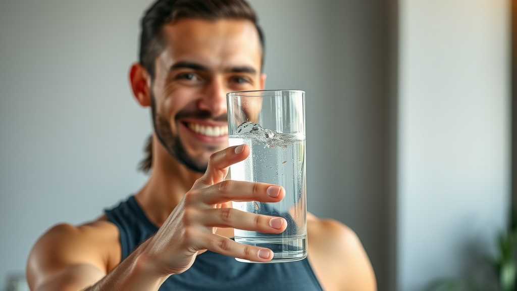 Smiling fitness enthusiast lifting a clear glass of hydrogen water — accomplishment in fitness recovery