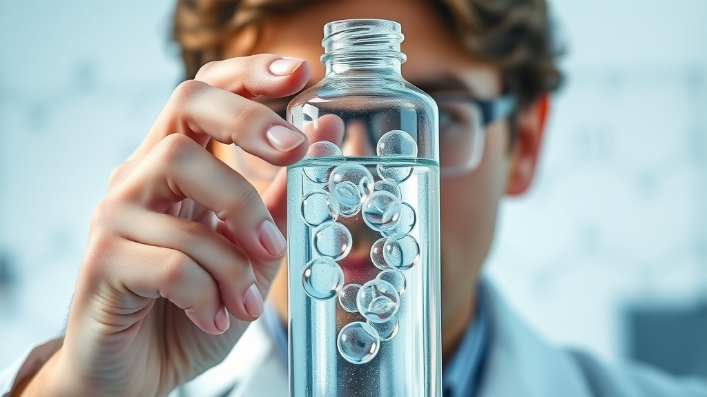 Hydrogen water science illustration: person examining floating hydrogen bubbles in clear bottle, bright lab, molecular diagrams visible, crisp clarity, silver and blue tones, macro detail.