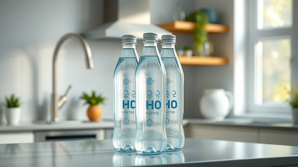 best hydrogen water bottle family - Modern hydrogen water bottles displayed on kitchen countertop, high gloss detail, soft lighting, white and blue palette.