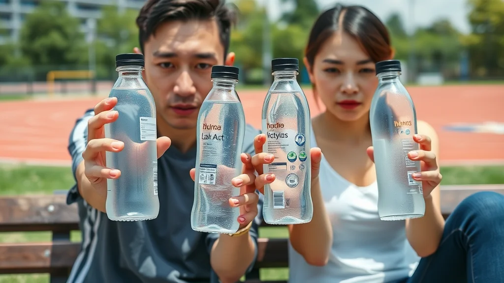 Comparison of hydrogen water bottles for runners and cyclists held by hands, outdoor bench setting near running track.