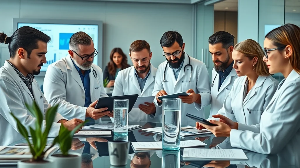 Researchers reviewing hydrogen water lactic acid benefits data, diverse team, digital conference, hydrogen water pitcher, photorealistic, turquoise palette