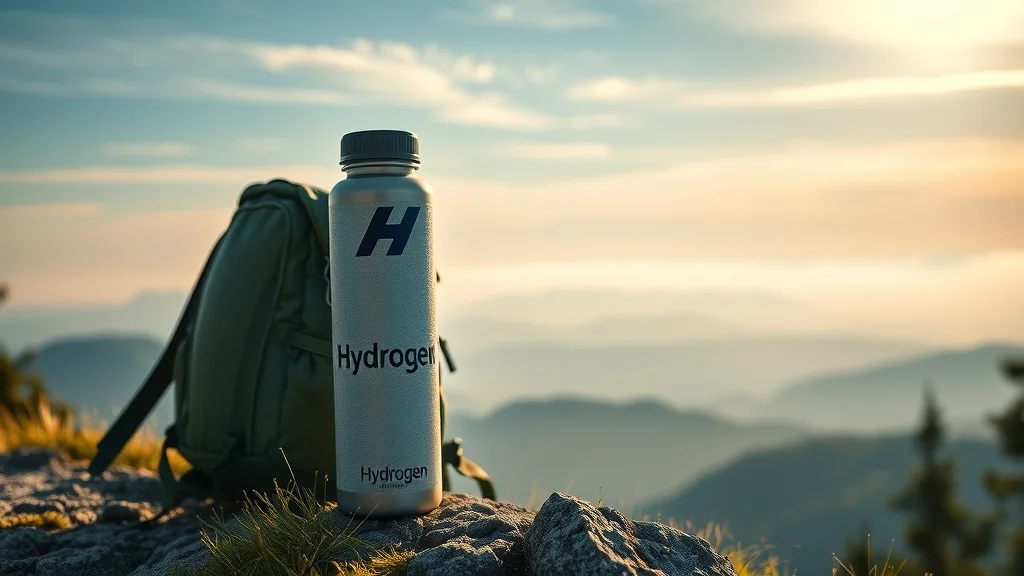 Cheap hydrogen water bottle for fitness on a hiking trail next to backpack, dewy bottle and scenic overlook, nature, earthy tones, photorealistic, golden sunlight