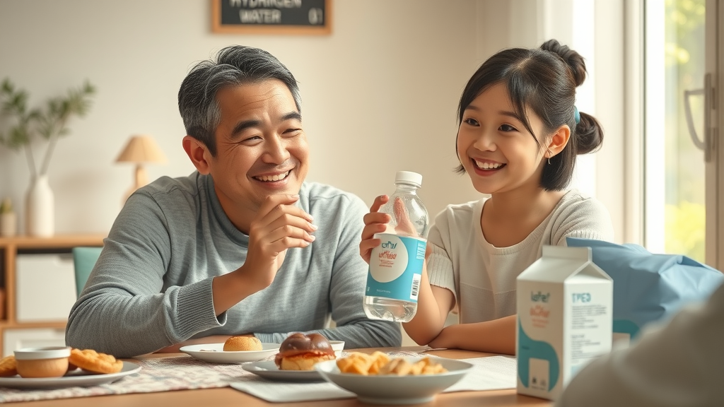best hydrogen water bottle family - Parent and child at home, child drinks hydrogen water from bottle, warm daylight, snack props, homely colors.