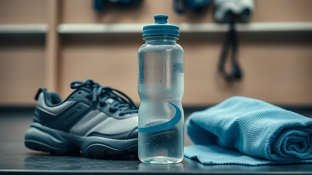 Cheap hydrogen water bottle for fitness with gym shoes and towel, condensation visible, sporty locker room bench, photorealistic, cool grays and blues