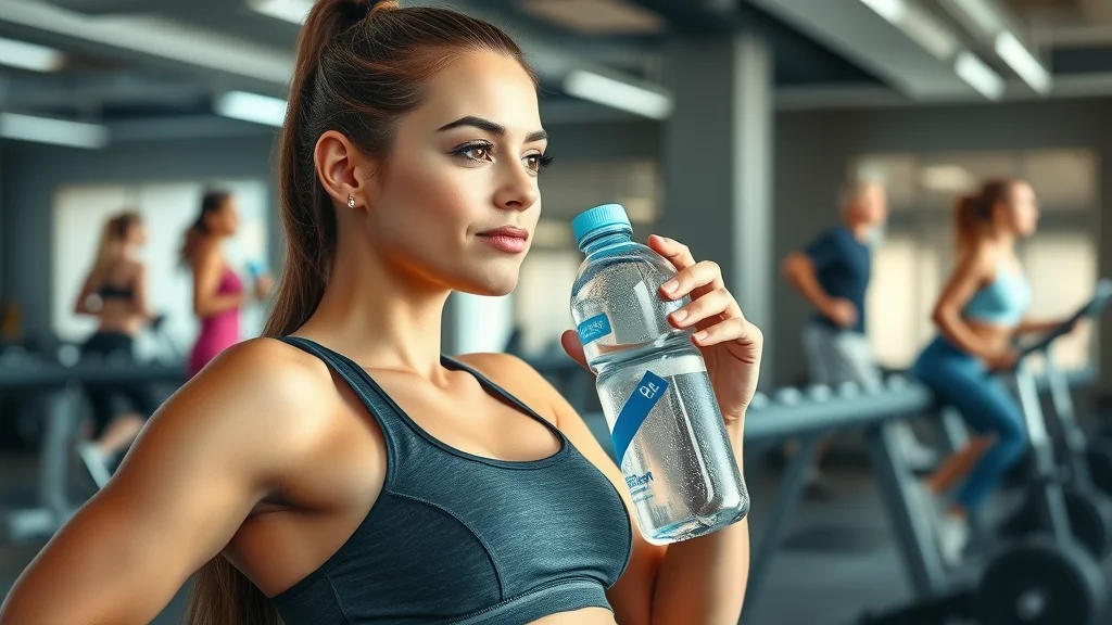 Athletic woman drinking hydrogen water for lactic acid reduction, workout, post-exercise, photorealistic, gym setting, natural lighting