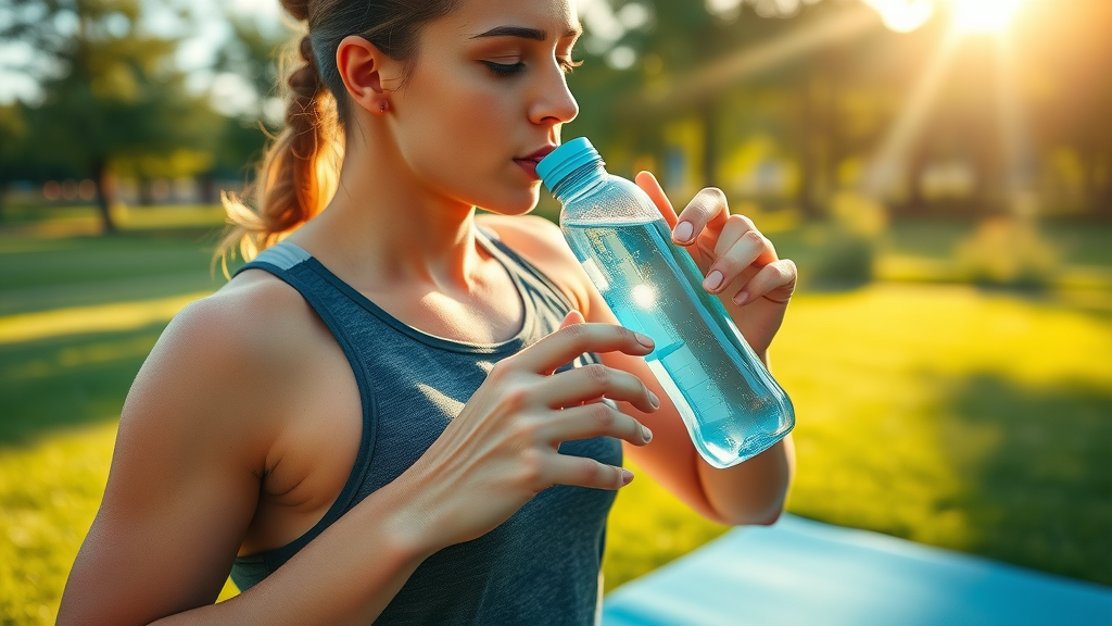 Healthy person with hydrogen water bottle, energized mid-sip in park, hydrogen water bottle for gym and travel