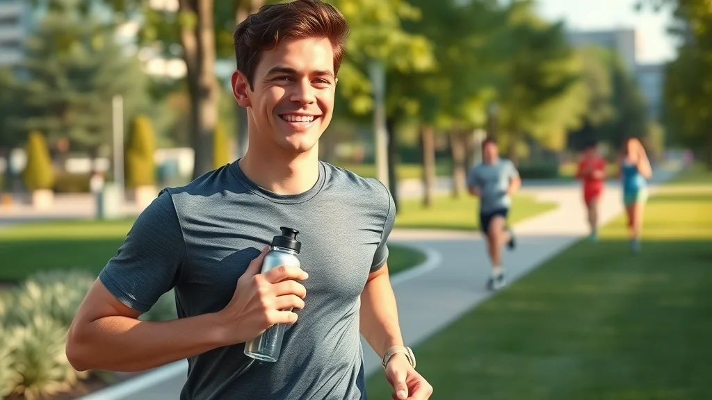 Athlete jogging in park with modern portable hydrogen water bottle—portable hydro solution for active lifestyles