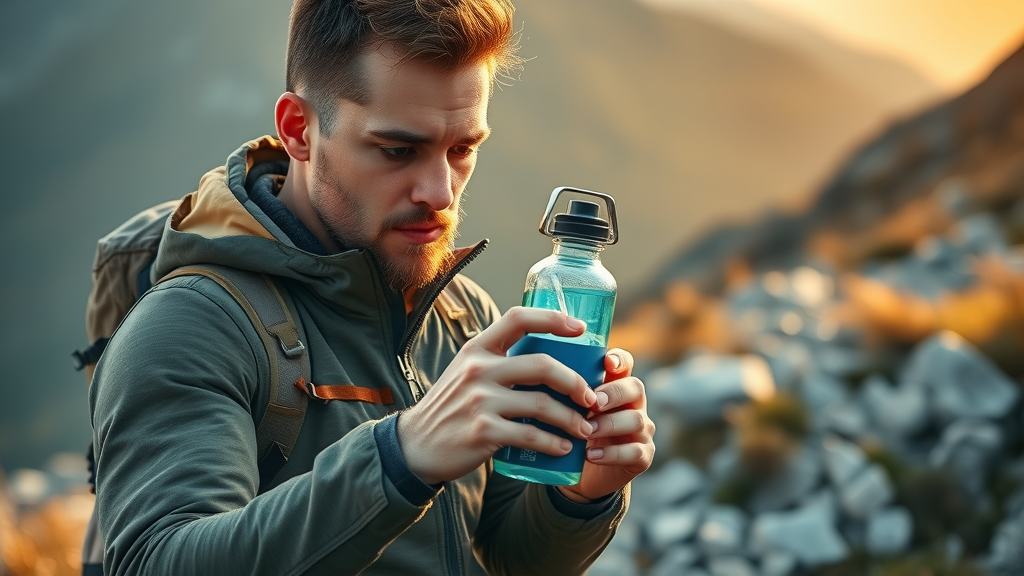 Athlete testing hydrogen water bottle durability on rocky outdoor trail, rugged natural setting