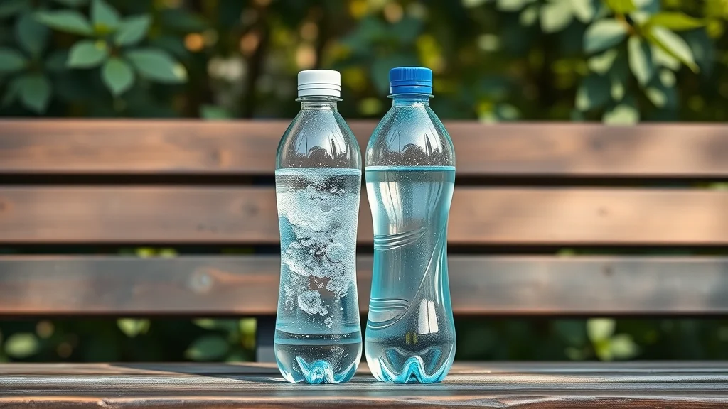 Side-by-side comparison of hydrogen water bottle and regular water bottle for runners, photorealistic outdoor bench.