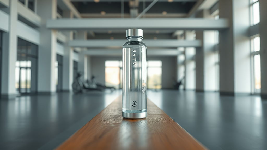Piurify Hydrogen Water Bottle product closeup, modern gym lobby, high realism and fine metallic textures