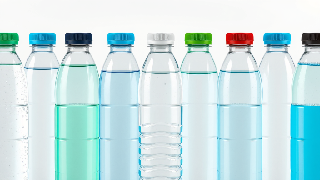 Assorted budget hydrogen water bottles under $100, lined up on white background, various lid styles and colors, soft blue and green tones, reflected droplets, photorealistic.