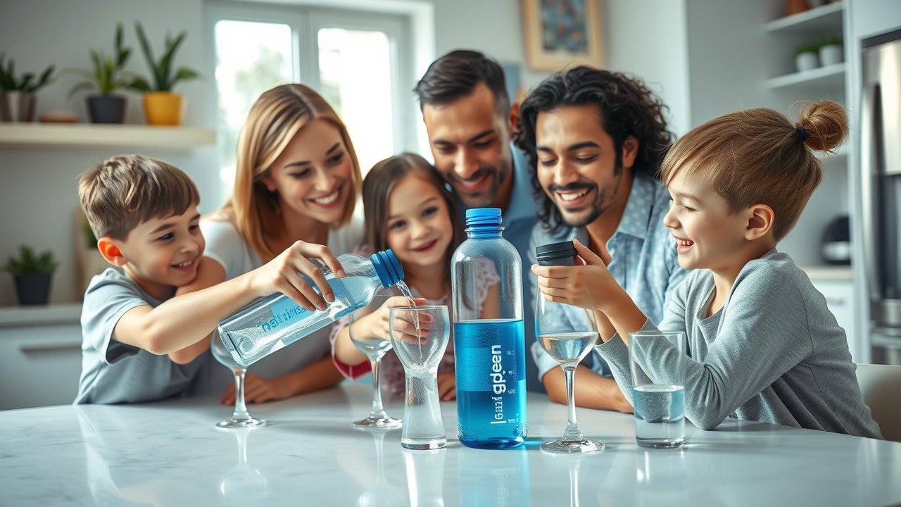 best hydrogen water bottle family - Family enjoying hydrogen water at kitchen table with modern bottle, crisp photorealism, cool blues, fresh whites.