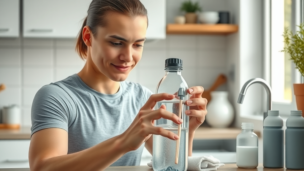 Cleaning hydrogen water bottle at home, athlete descales and wipes bottle, clean kitchen background