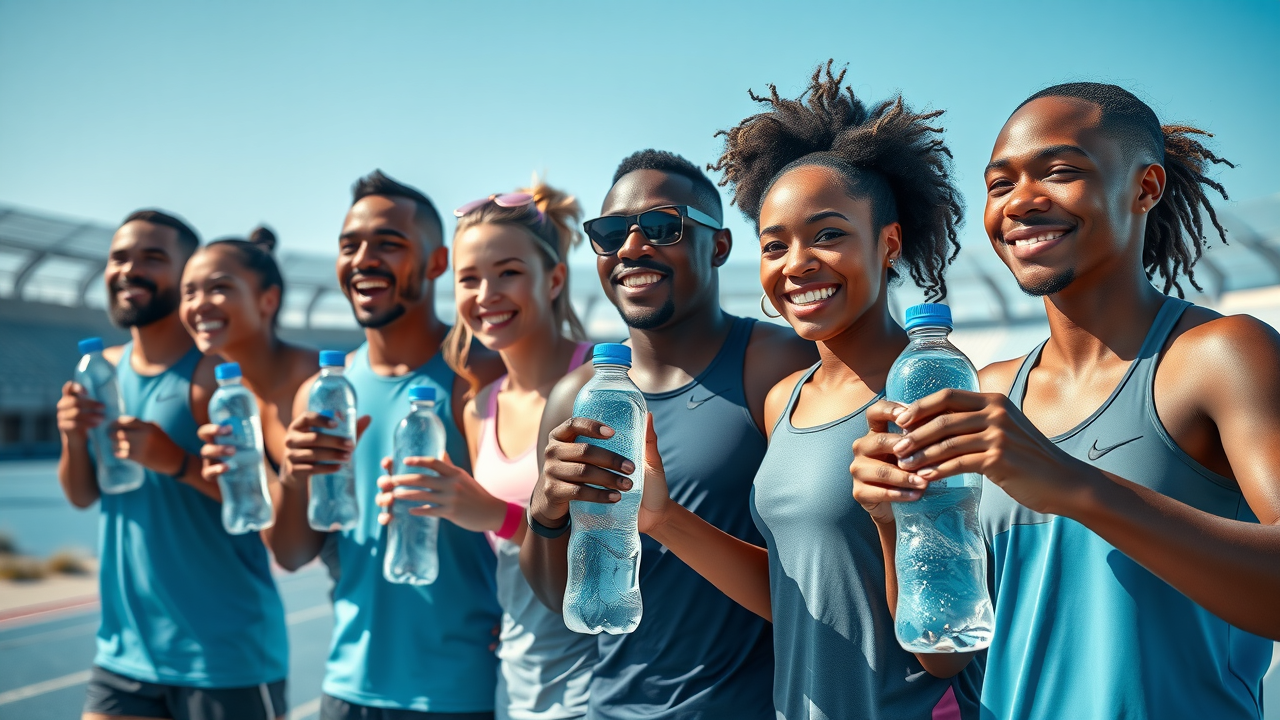 Athletes energized on training track with sleek hydrogen water bottles, best hydrogen water bottle for athletes