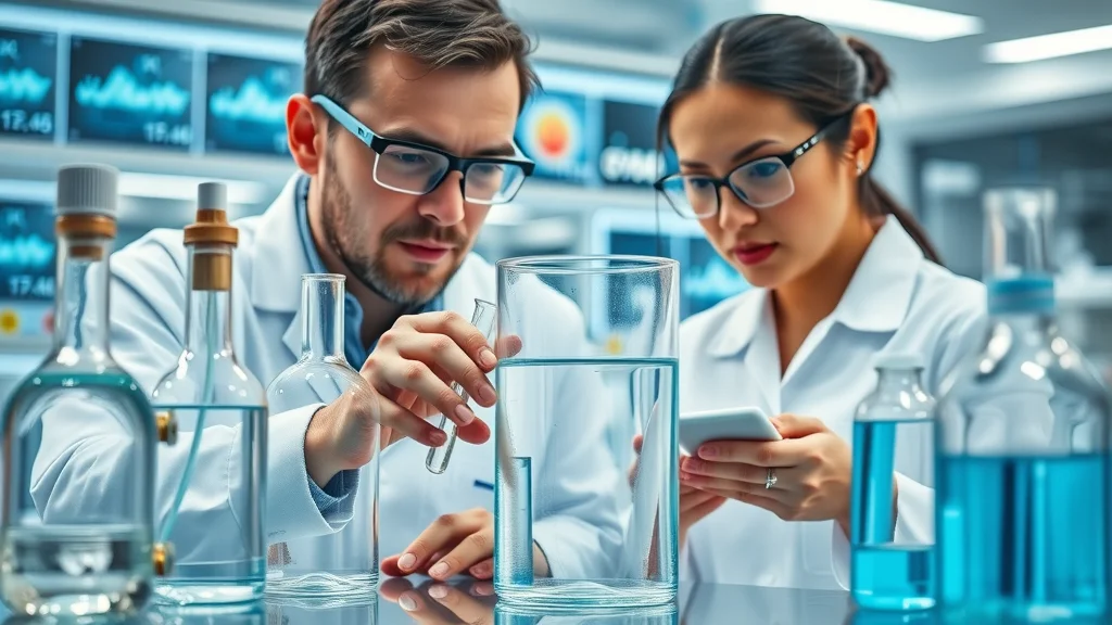 hydrogen water lactic acid, dynamic laboratory scene with modern equipment, scientists observing solution color change, photorealistic, bright lab, cool blue palette, natural light