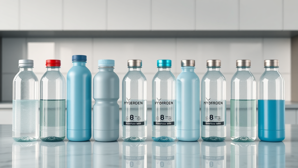 Variety of hydrogen water bottles lined up for comparison against a modern countertop, including glass and metal caps, best portable hydrogen water bottle