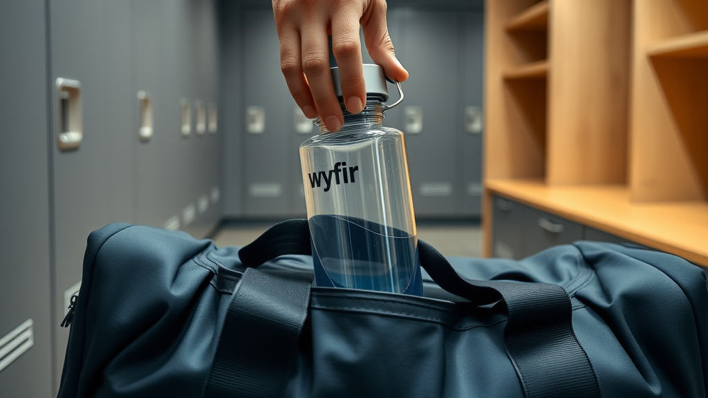 Compact hydrogen water bottle half-removed from gym duffel in locker room, best portable hydrogen water bottle for travel and gym