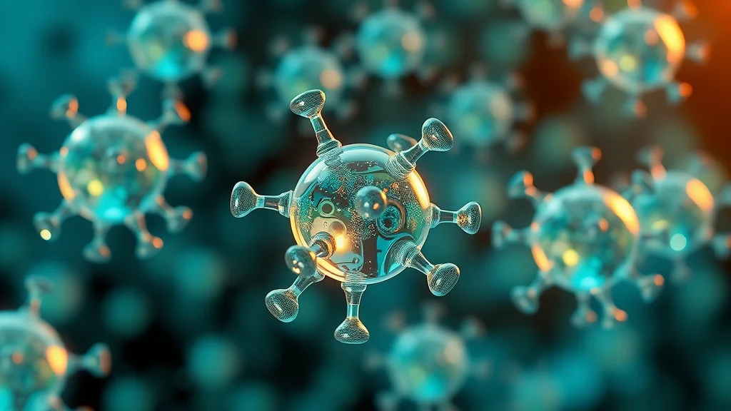 Hydrogen water molecules targeting specific free radicals, leaving others, photorealistic visualization, stylized cellular matrix background