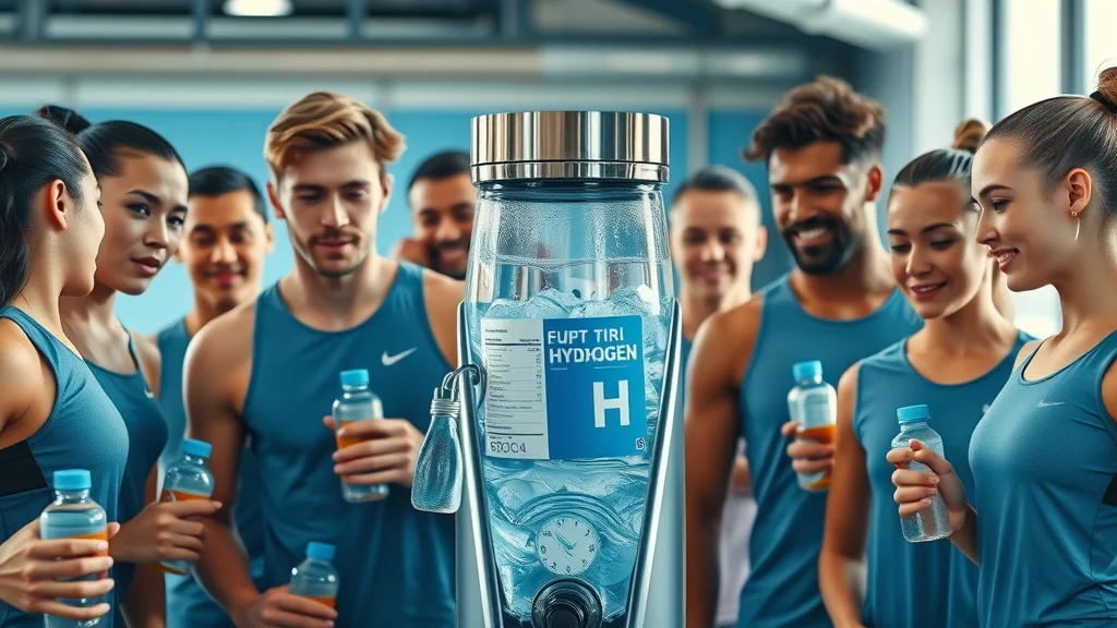 Energetic athletes in modern training gear using a hydrogen water machine in a high-tech gym, illustrating the best hydrogen water machine for athletes