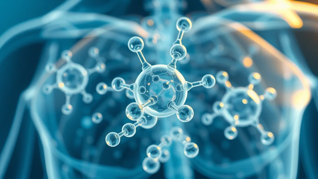 Illustration showing water molecules and electrolytes interacting inside the human body, photorealistic and educational with molecules in motion, cool blue tones