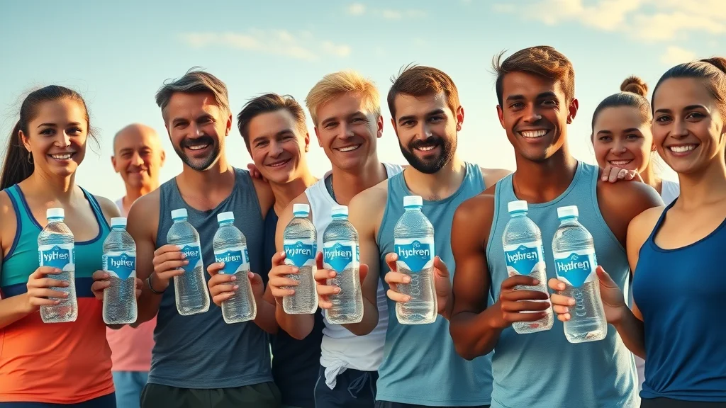 Diverse group of athletes holding hydrogen water bottles after a group run, sunlit outdoor track.